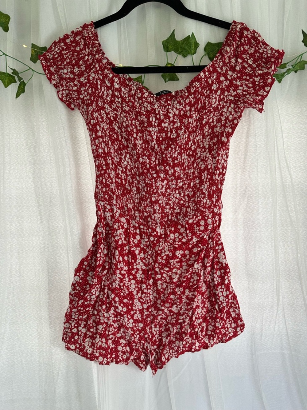 Lulu's Red Floral Off-Shoulder Smocked romper